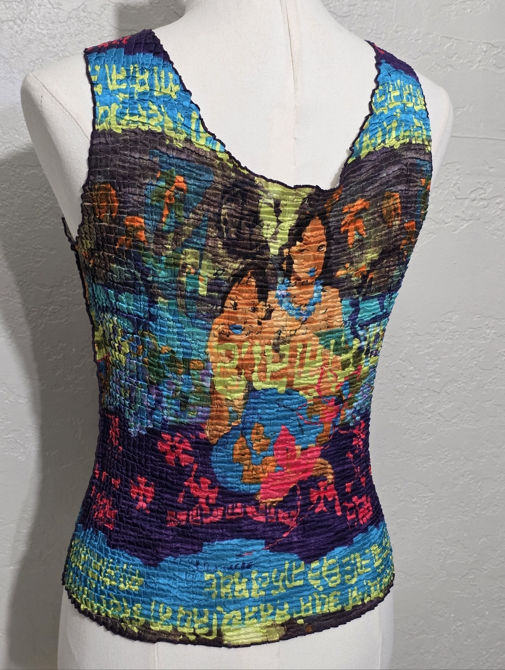 Vintage 90s Popcorn Top Gauguin Art Print Crinkle Stretch Tank Y2K Rare M - Picture 2 of 13